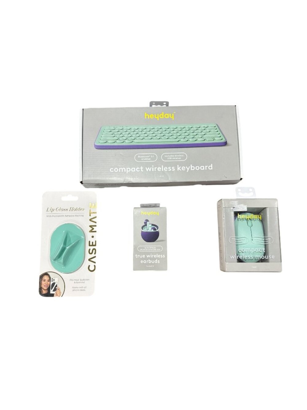 4pcs Heyday Wireless Keyboard, Mouse & Earbuds Bundle + Case-Mate Lip Gloss Hold
